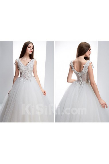Lace, Tulle, Satin V-neck Floor Length Sleeveless Ball Gown Dress with Bead, Rhinestone