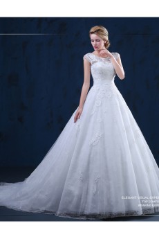 Tulle, Lace Jewel Chapel Train Cap Sleeve A-line Dress with Sequins, Sash