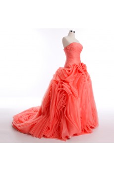 Tulle, Satin Strapless Sweep Train Sleeveless Ball Gown Dress with Ruched