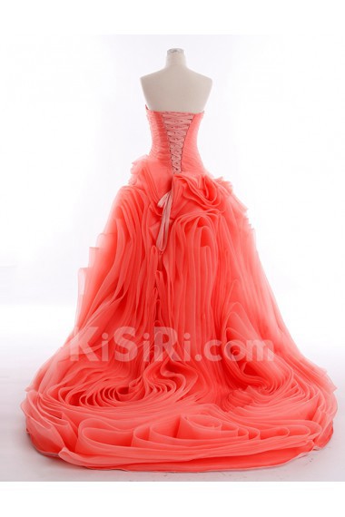 Tulle, Satin Strapless Sweep Train Sleeveless Ball Gown Dress with Ruched