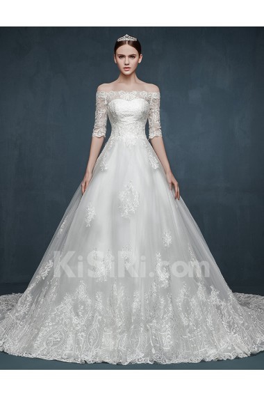 Tulle, Lace, Satin Off-the-Shoulder Cathedral Train Half Sleeve A-line Dress with Applique