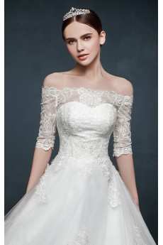 Tulle, Lace, Satin Off-the-Shoulder Cathedral Train Half Sleeve A-line Dress with Applique
