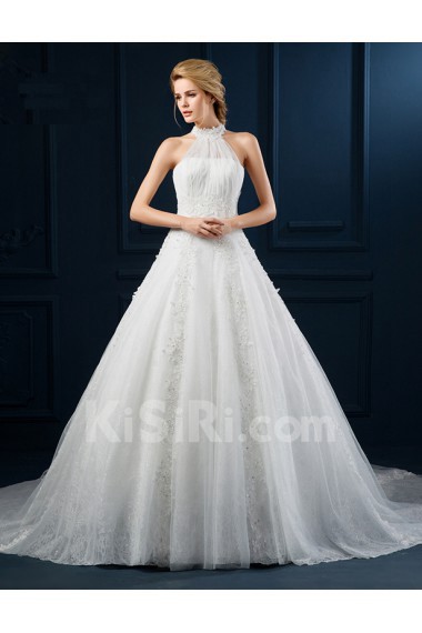 Tulle, Lace Halter Cathedral Train Sleeveless A-line Dress with Pearl
