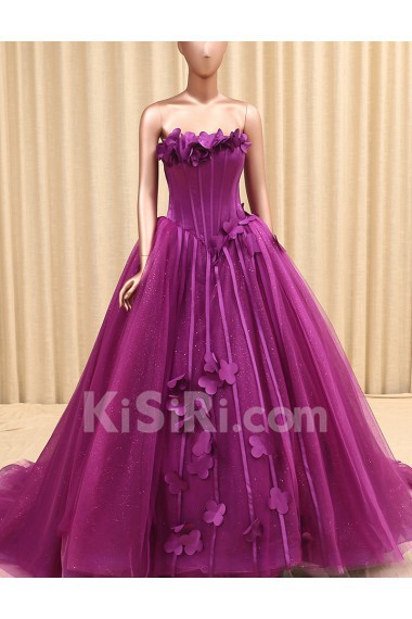 Organza Strapless Sweep Train Sleeveless Ball Gown Dress with Handmade Flowers