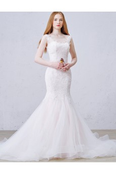 Lace, Tulle Scoop Cathedral Train Sleeveless Mermaid Dress with Sequins, Beads