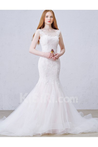 Lace, Tulle Scoop Cathedral Train Sleeveless Mermaid Dress with Sequins, Beads