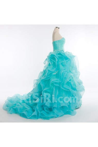 Tulle, Satin Strapless Sweep Train Sleeveless Ball Gown Dress with Pearl