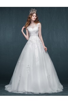 Tulle, Organza, Lace Scoop Sweep Train Sleeveless Ball Gown Dress with Embroidered, Rhinestone