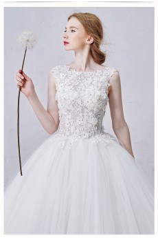 Lace, Tulle Bateau Sweep Train Sleeveless Ball Gown Dress with Handmade Flowers, Rhinestone