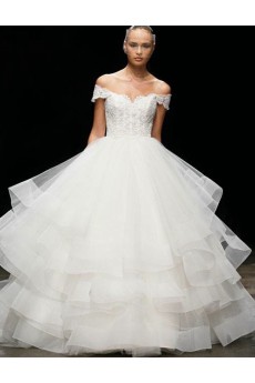 Tulle, Satin Off-the-Shoulder Floor Length Ball Gown Dress with Lace