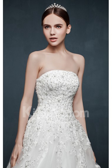 Tulle, Lace, Satin Strapless Sweep Train Sleeveless A-line Dress with Sequins