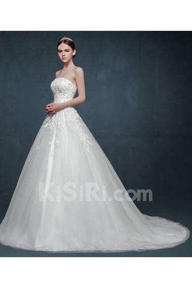 Tulle, Lace, Satin Strapless Sweep Train Sleeveless A-line Dress with Sequins