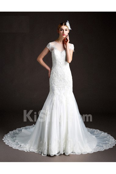 Tulle, Lace Jewel Cathedral Train Cap Sleeve Mermaid Dress with Beads