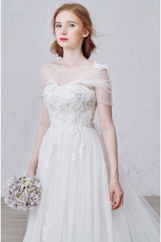 Lace, Tulle Strapless Sweep Train Sleeveless A-line Dress with Handmade Flowers