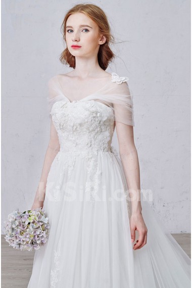 Lace, Tulle Strapless Sweep Train Sleeveless A-line Dress with Handmade Flowers
