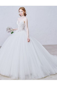 Lace, Tulle, Satin Sweetheart Sweep Train Sleeves Ball Gown Dress with Flower, Crystal, Sequins, Pearl