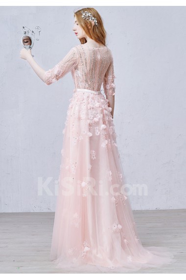 Tulle V-neck Sweep Train Half Sleeve A-line Dress with Sequins, Handmade Flowers, Bow