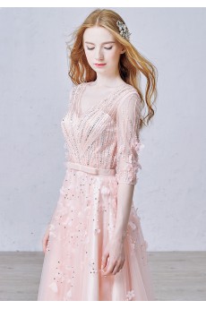 Tulle V-neck Sweep Train Half Sleeve A-line Dress with Sequins, Handmade Flowers, Bow