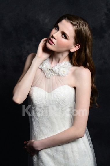 Satin, Tulle, Lace Halter Chapel Train Sleeveless A-line Dress with Embroidered