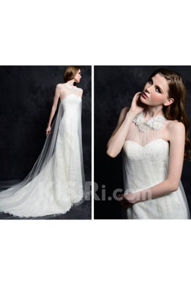 Satin, Tulle, Lace Halter Chapel Train Sleeveless A-line Dress with Embroidered