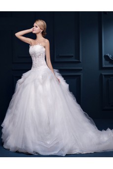 Tulle, Lace Sweetheart Chapel Train Sleeveless Ball Gown Dress with Embroidered