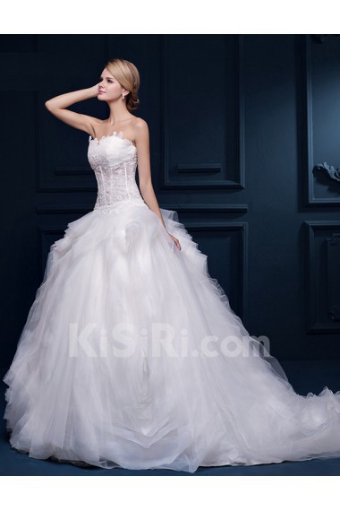 Tulle, Lace Sweetheart Chapel Train Sleeveless Ball Gown Dress with Embroidered