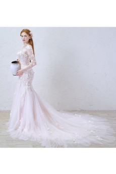 Lace, Chiffon Scoop Cathedral Train Long Sleeve Mermaid Dress with Handmade Flowers