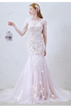 Lace, Chiffon Scoop Cathedral Train Long Sleeve Mermaid Dress with Handmade Flowers
