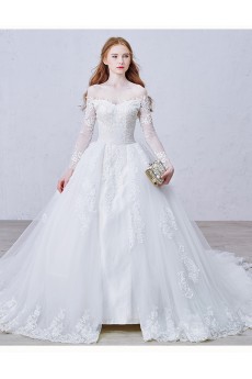 Lace, Satin, Tulle Off-the-Shoulder Chapel Train Long Sleeve Ball Gown Dress with Applique