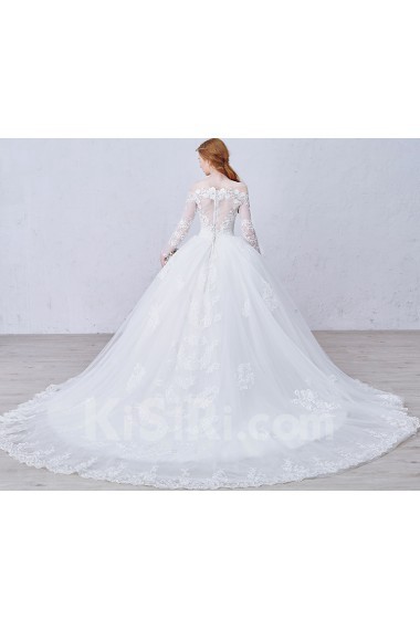 Lace, Satin, Tulle Off-the-Shoulder Chapel Train Long Sleeve Ball Gown Dress with Applique