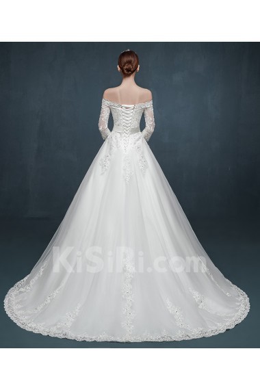 Tulle, Lace, Satin Off-the-Shoulder Sweep Train Three-quarter A-line Dress with Applique, Rhinestone, Sash