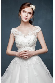 Tulle, Lace, Satin Scoop Chapel Train Cap Sleeve A-line Dress with Handmade Flowers, Sash