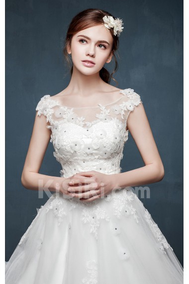Tulle, Lace, Satin Scoop Chapel Train Cap Sleeve A-line Dress with Handmade Flowers, Sash