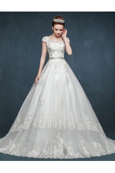 Tulle, Lace, Satin V-neck Chapel Train Cap Sleeve A-line Dress with Applique, Rhinestone