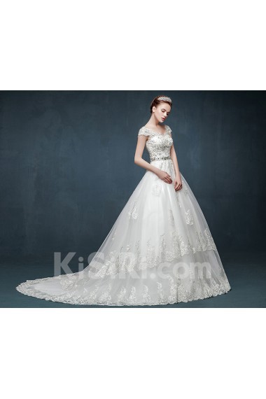 Tulle, Lace, Satin V-neck Chapel Train Cap Sleeve A-line Dress with Applique, Rhinestone