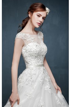 Tulle, Lace, Satin Scoop Chapel Train Cap Sleeve A-line Dress with Sequins, Sash