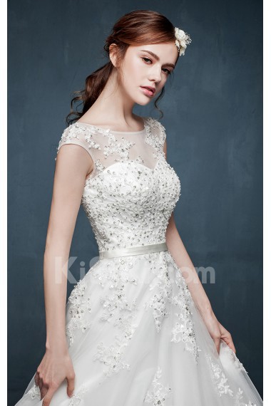 Tulle, Lace, Satin Scoop Chapel Train Cap Sleeve A-line Dress with Sequins, Sash