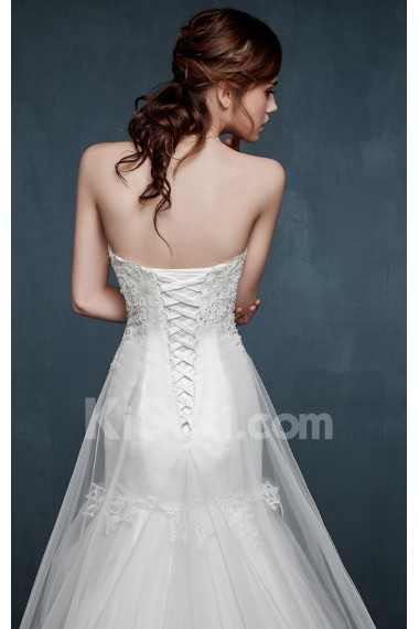 Tulle, Lace, Satin Strapless Sweep Train Sleeveless A-line Dress with Rhinestone