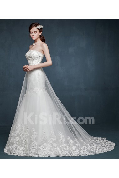 Tulle, Lace, Satin Strapless Sweep Train Sleeveless A-line Dress with Rhinestone