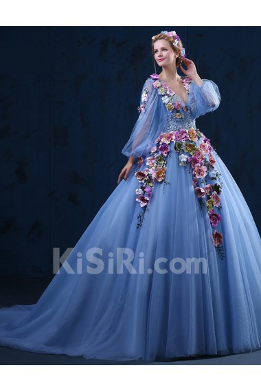 Tulle, Lace V-neck Chapel Train Long Sleeve Ball Gown Dress with Handmade Flowers
