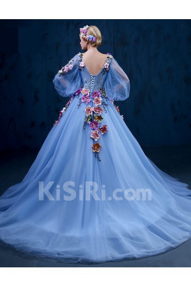 Tulle, Lace V-neck Chapel Train Long Sleeve Ball Gown Dress with Handmade Flowers