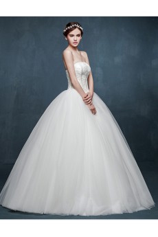 Tulle, Lace, Satin Strapless Floor Length Sleeveless Ball Gown Dress with Beads