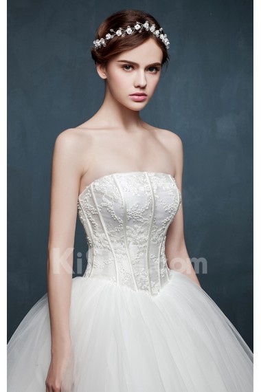 Tulle, Lace, Satin Strapless Floor Length Sleeveless Ball Gown Dress with Beads