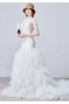 Lace, Tulle, Satin V-neck Cathedral Train Sleeveless Mermaid Dress with Flower
