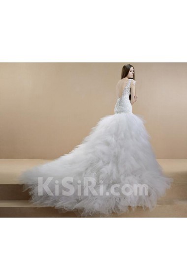 Lace, Tulle, Satin V-neck Cathedral Train Sleeveless Mermaid Dress with Flower