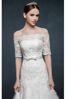 Tulle, Lace, Satin Off-the-Shoulder Chapel Train Half Sleeve A-line Dress with Applique, Bow, Rhinestone