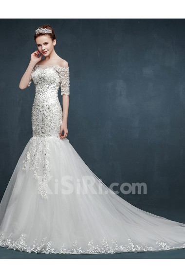 Tulle, Lace, Satin Off-the-Shoulder Chapel Train Half Sleeve Mermaid Dress with Rhinestone
