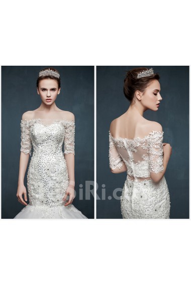 Tulle, Lace, Satin Off-the-Shoulder Chapel Train Half Sleeve Mermaid Dress with Rhinestone