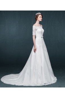 Lace, Tulle, Satin Off-the-Shoulder Chapel Train Half Sleeve A-line Dress with Sash, Bow