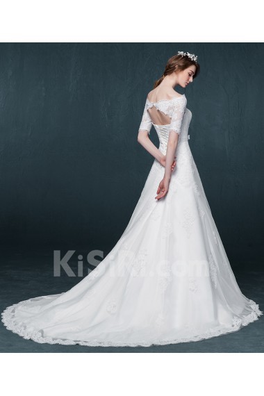 Lace, Tulle, Satin Off-the-Shoulder Chapel Train Half Sleeve A-line Dress with Sash, Bow